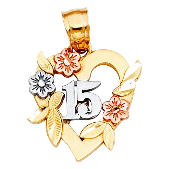 14k Yellow Gold White Gold and Rose Gold 15 Years Love Heart Pendant Necklace 15x16mm Pendant for Women