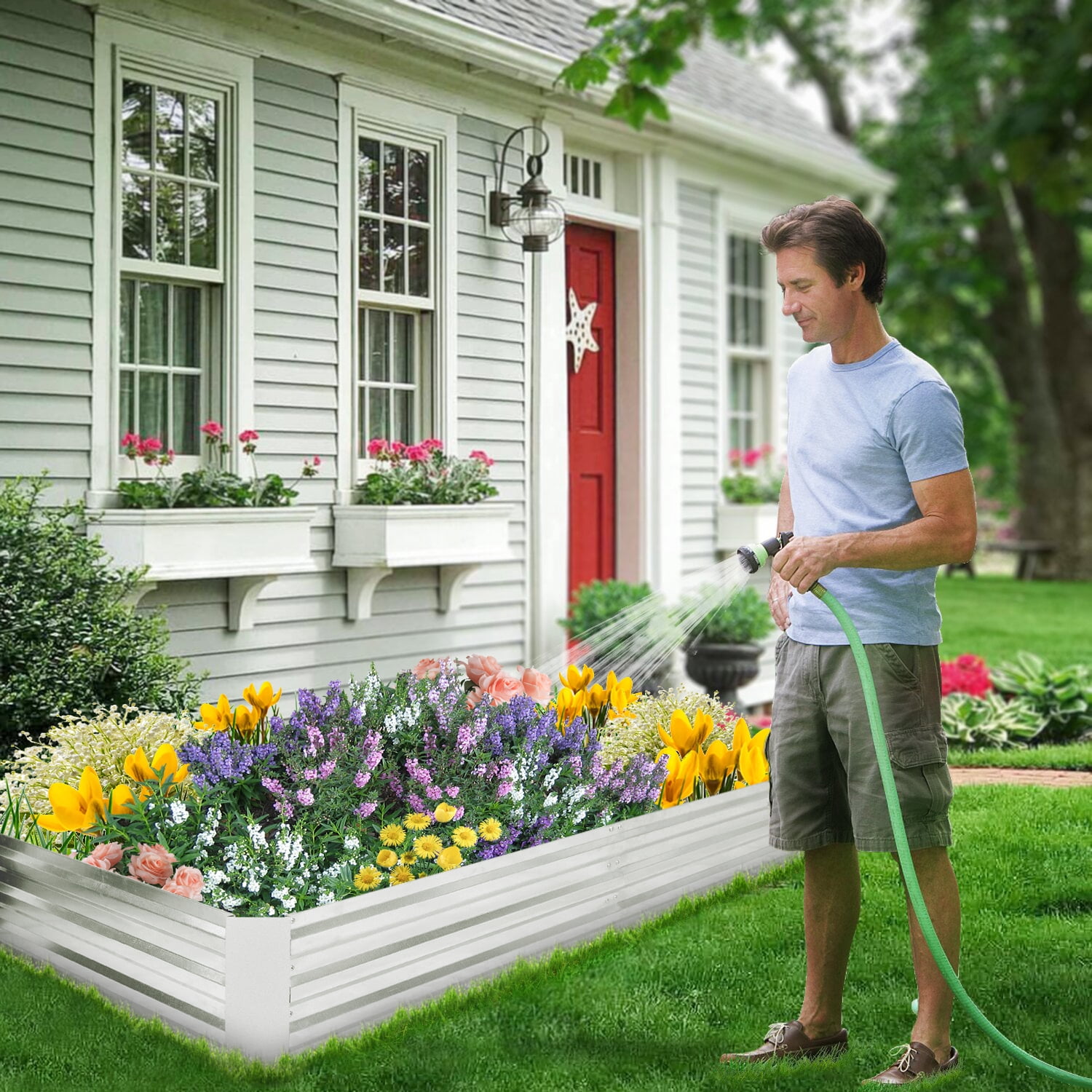 Galvanized Garden Bed, Outdoor Elevated Raised Garden Bed 6x3x1ft Vegetables Flowers and Herbs Raised Planter with Galvanized Steel, Raised Bed Kit with Metal Pole Reinforcement, Silver