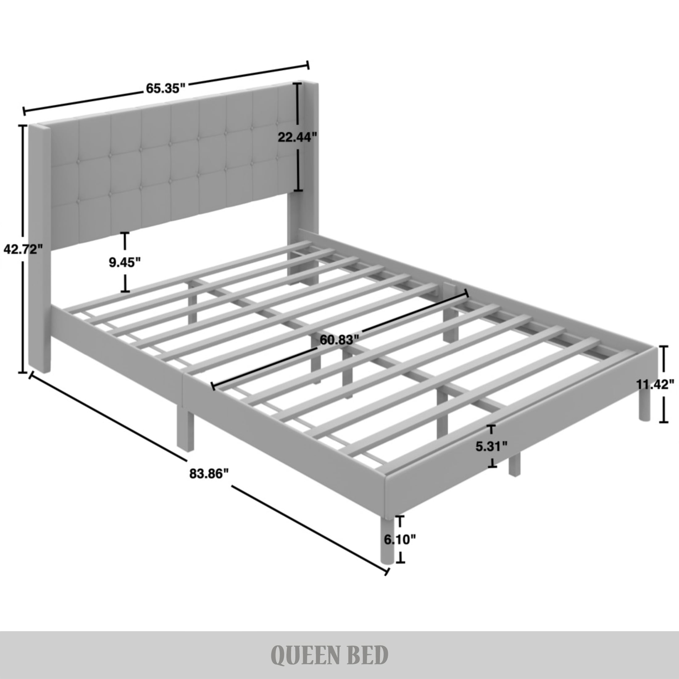 Castle Place Square Grid Stitched Linen Wingback Queen Platform Bed, Light Grey