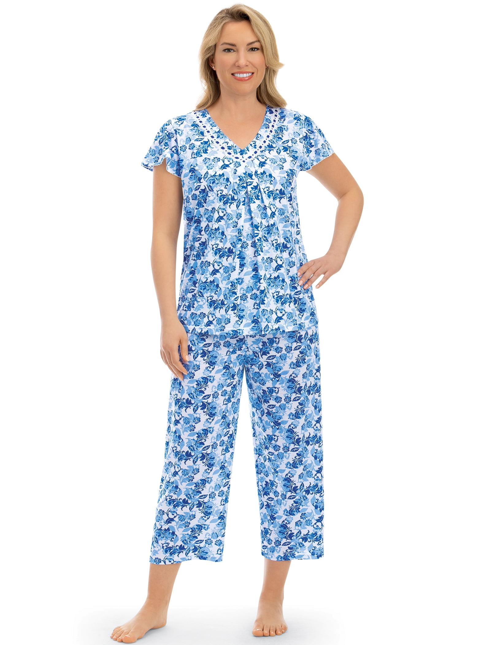 Collections Etc Stylish 2-Piece Knit Floral Print Capri Pajama Set ...