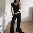 thumbnail image 2 of Women's 2 Piece Lounge Sets V Neck Short Sleeve Tops Wide Leg Pants with Pockets Drawstring Matching Pajama Sets Casual Comfy Loungewear Ribbed Travel Outfits for Spring Summer, 2 of 9