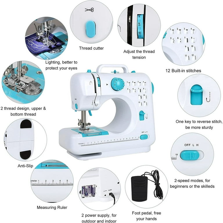 Sewing Machine for Beginners, 12 Built-In Stitches Portable Sew Machines with Reverse Option for Clothing Repairs - Electronic
