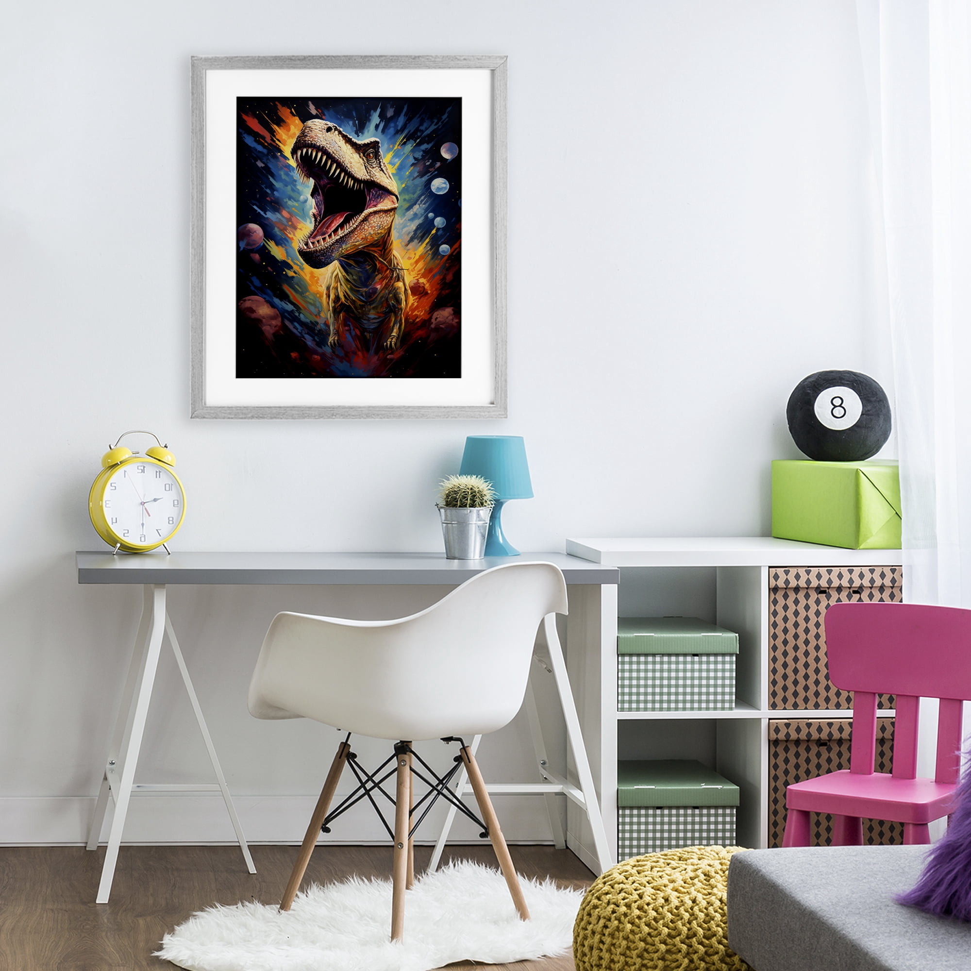 Stupell Industries Dinosaur with Planets Gray Framed Print Under Glass, design by Creative Studio