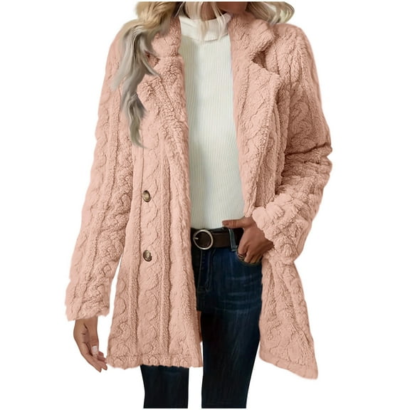TFEOQRY Women's Winter Fleece Blanket Thermal Jackets Long Sleeve Solid Color Lapel Button Warm Coat Pink