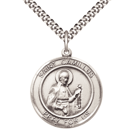 Mens Round Pewter Saint Camillus of Lellis Medal Pendant on 24" Rhodium Plated Heavy Curb Brass Chain with Lobster Claw clasp, Catholic Religious Necklace -Made in USA- Velvet Gift Box