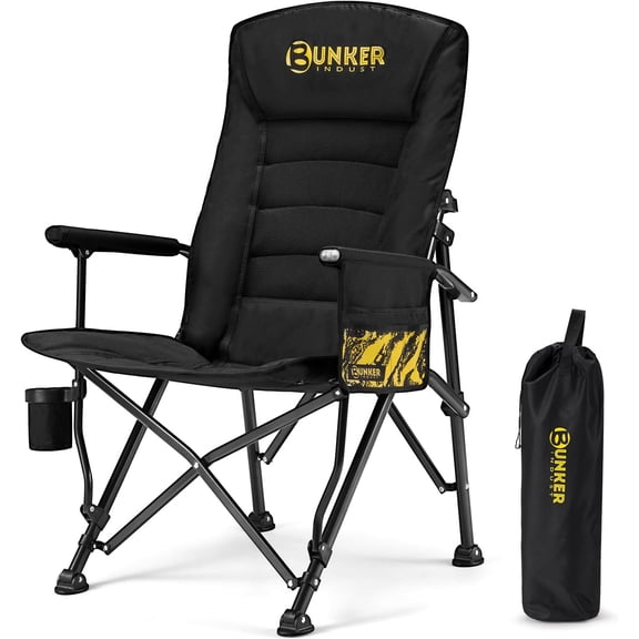 BUNKER INDUST Folding Camping Chair, Oversized with Padded Cushion, Outdoor Chair with Cup Holder Storage Pockets, Adjustable High Backrest Supports 450 LBS for Garden Beach Fishing Lawn