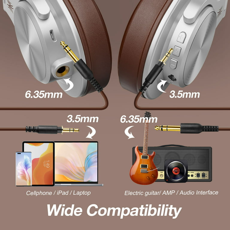 OneOdio A70 Bluetooth Over Ear Headphones, Wireless Headphones  w/ 72H Playtime, Hi-Res, 3.5mm/6.35mm Wired Audio Jack for Studio Monitor &  Mixing DJ E-Guitar AMP, Computer Laptop PC Tablet - Silver 