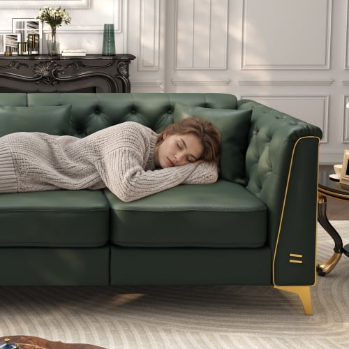 81.5" Light Luxury Modular Chesterfield Sofa Set, 4-Piece Faux Leather Couch with 3-Seater, Handmade Button Tufting, Metal Trim Armrests, Thin Metal Legs, Includes 3 Pillows, Green