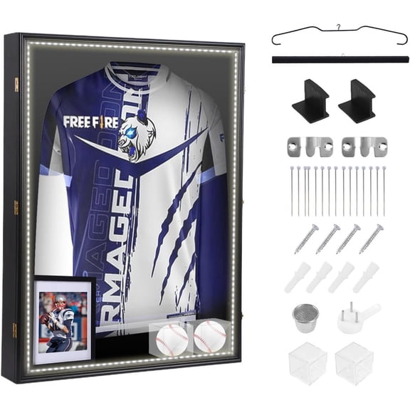 XL Sports Jersey Display Frame w/ LED Light, Extra-Large Shadow Box with 98% UV Protection, Hangers for Baseball, Football & More