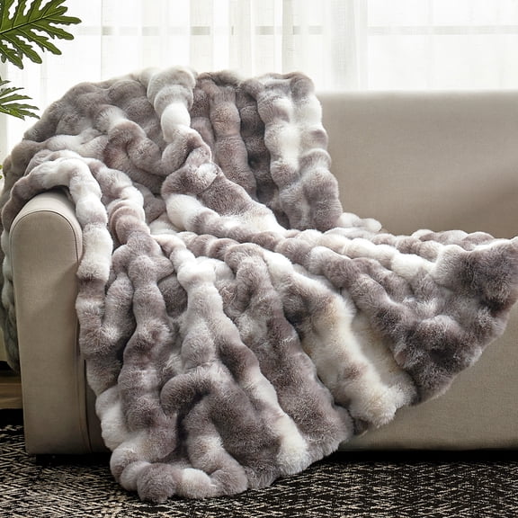 Cozy Bliss Faux Fur Throw Blanket, Double-Sided Plush Bubble Texture, Ultra Soft Fluffy Blanket for Couch, Sofa and Bed, Tie-Dye Grey, 50 x 60 Inches