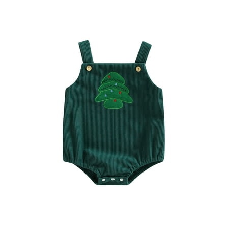 

Canrulo Newborn Baby Girls Boys Christmas Romper Sleeveless Santa Claus/Tree/Elk Print Corduroy Bodysuit for Casual Daily Dark Green Tree 3-6 Months