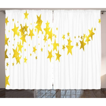 Gold and White Curtains 2 Panels Set, Abstract Christmas Themed Outer Space Vibrant Stars Line Like Image, Window Drapes for Living Room Bedroom, 108W X 63L Inches, Yellow and White, by