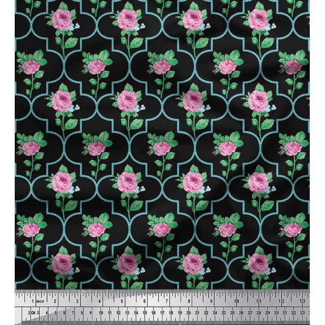Soimoi Tissu Popeline de Coton Design Quatrefoil, Feuilles & Roses Imprimé Floral 1 Yard 42 Pouces de Large