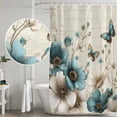 thumbnail image 5 of Teal Tulip Butterfly Shower Curtain, Waterproof Shower Curtains for Bathroom, Turquoise Floral Farmhouse Beige Washable Fabric Bathtub Curtain Set Bath Decor with 12 Hooks Extra Long 72"x96", 5 of 8
