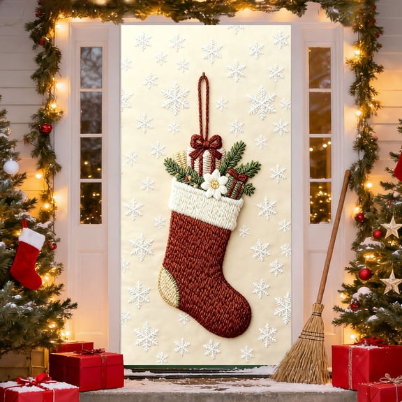 Festive Door Cover 90x180cm Christmas Decoration with 3D Embroidery Design Polyester Fabric for Indoor Doors Wall Decor Holiday Season