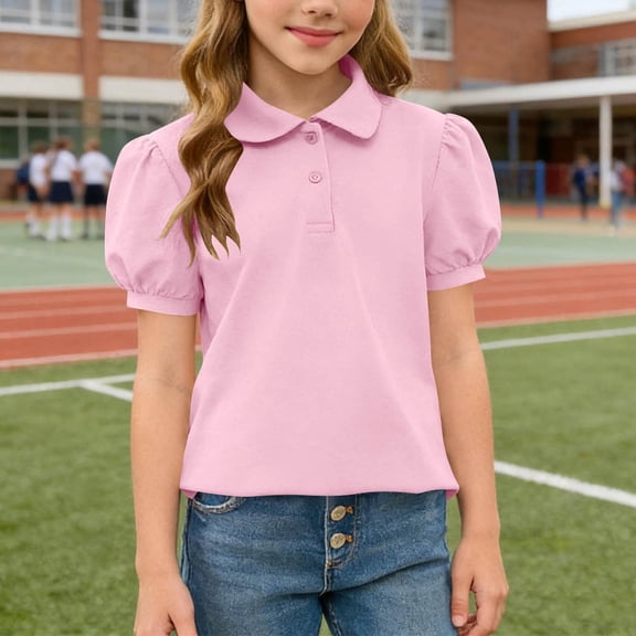 Cethrio Girls T Shirts, School Collared Casual Puff Sleeve Summer Tops Pink Size 10-12