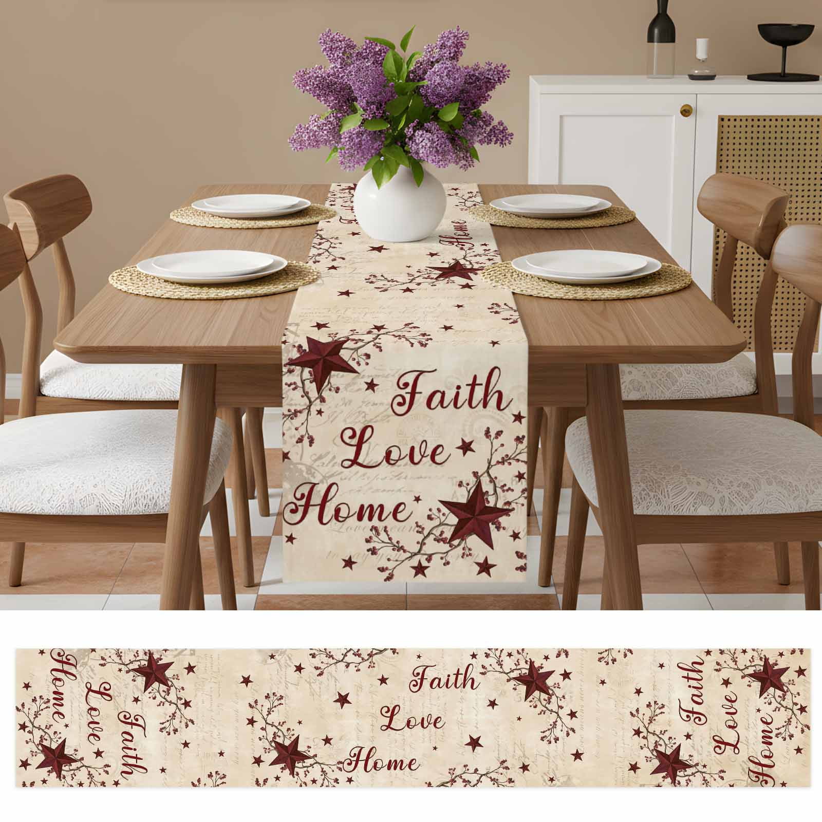 Vintage Country Cotton Linen Table Runner for Dining Kitchen, Vintage Rustic Texas Stars Plants Branch Wedding Outdoor Party Tablerunners, Dresser Scarf Coffee Tablecloth Runners 13x60 Inches