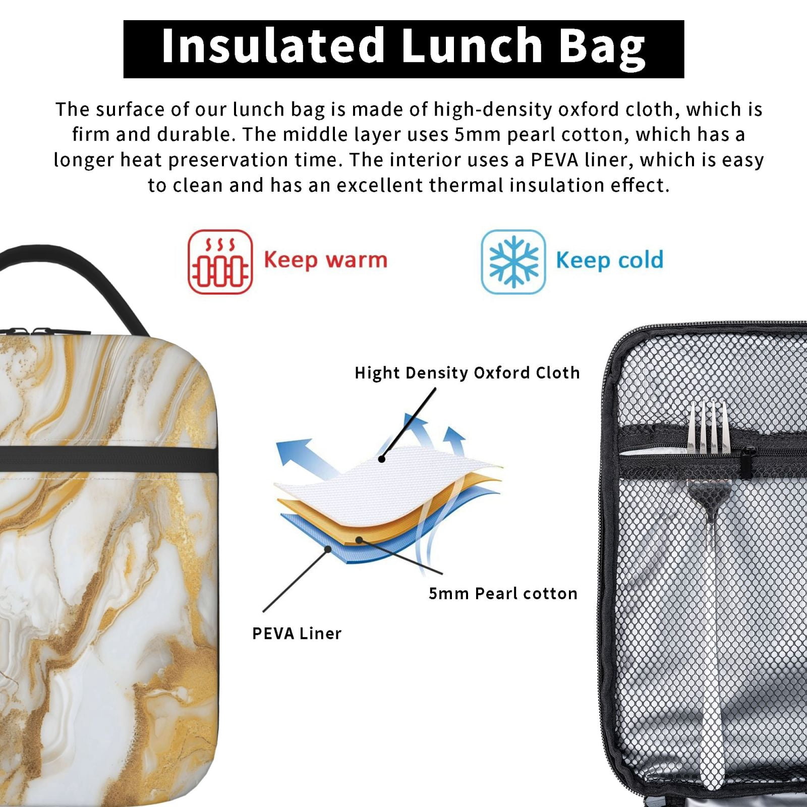 Lunch Bag For Women Men Insulated Portable Lunch Box Bento Box Office Picnic Travel Cooler Bag Gold Marble_2