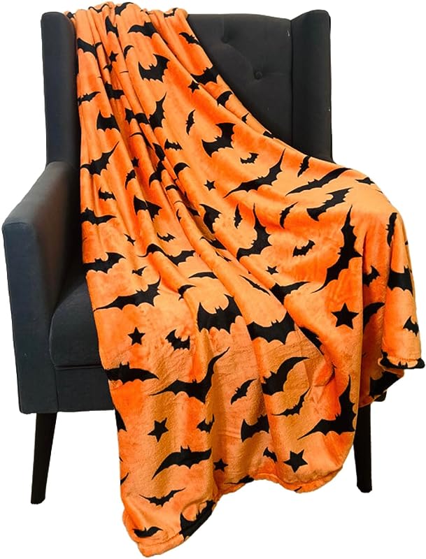 Halloween Throw Blanket Soft Black Bats Silhouette on Orange Velvet