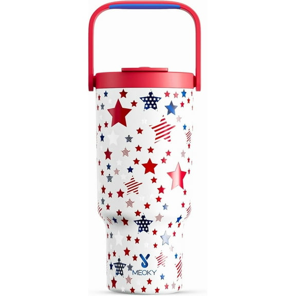 32 oz Tumbler with Handle, Tumbler with Lid and Straw, Stainless Steel Travel Mug, 100% Leak Proof, Keeps Cold for 24 Hours, Fits in Car Cup Holder (Star)