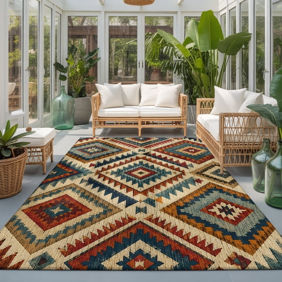 Bohemian Plaid Washable Area Rugs 3'x5', Boho Southwestern Vintage Geometric Diamond Motifs Washable Throw Living Room Rug Non-Slip Sturdy Edge Binding Carpet for Indoor Entryway Bedside Kitchen