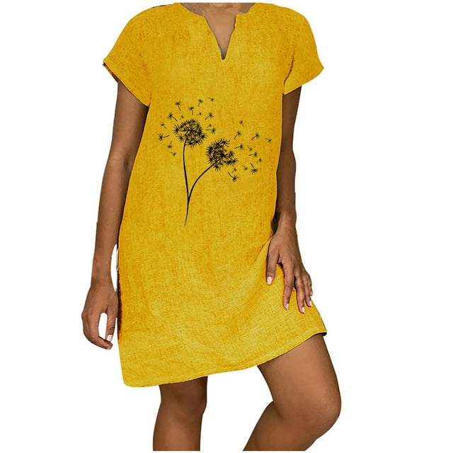 Yuyuzo Robes d'Été Décontractées pour Femmes 2025 Manches Courtes Col en V Robe en Lin Ample Tunique Confortable T-Shirts Robe Droite