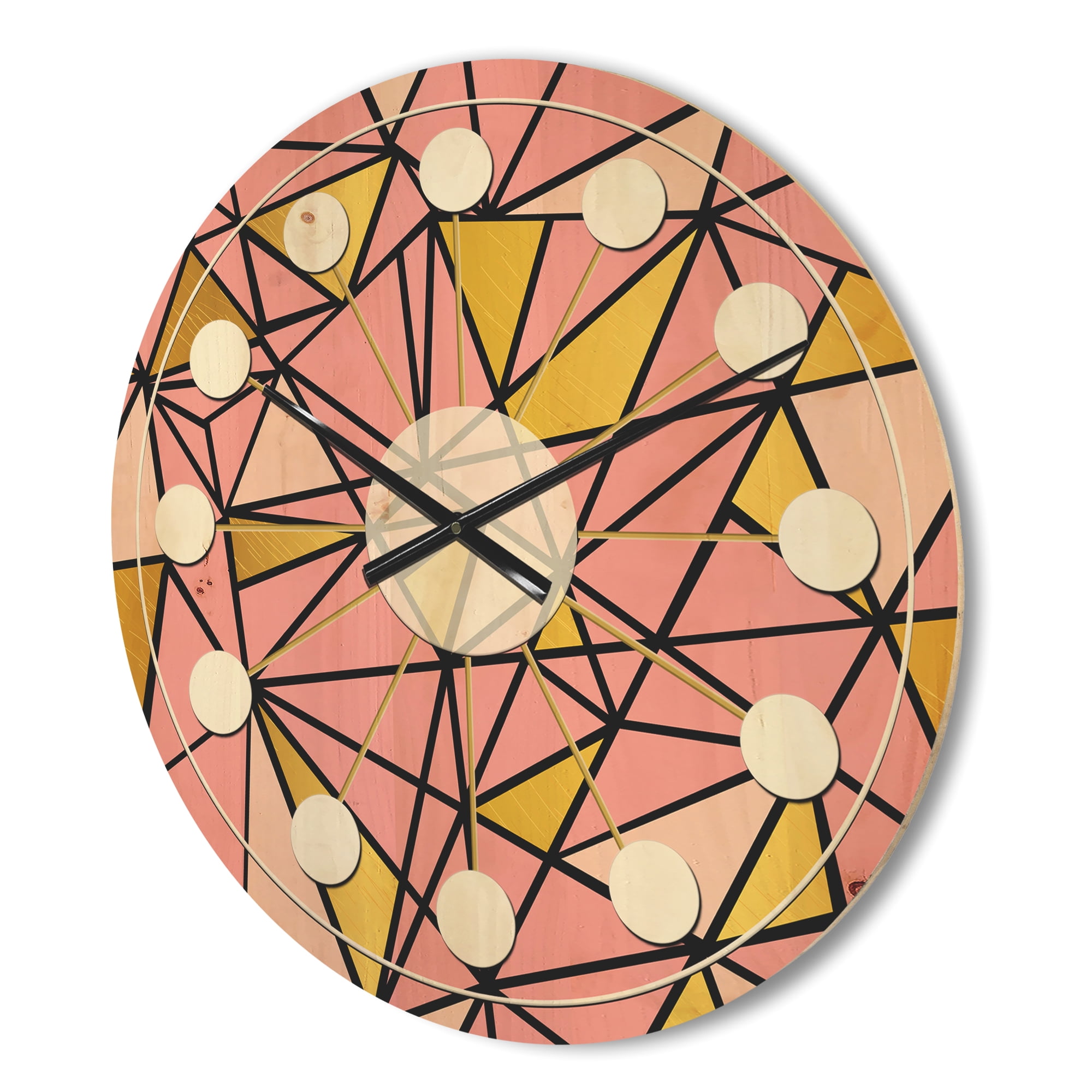 Designart 'Triangular Gold Design Retro II' Mid-Century Modern Wood Wall Clock