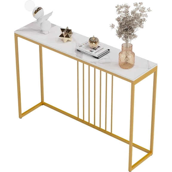 Wisfor Sintered Stone Console Table: White Entryway Table with Golden Frame - Modern Narrow Table Behind Sofa - Long Table for Hallway Foyer, 47.2x11.8x30.9 inch