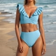 thumbnail image 2 of XMMSWDLA Tankini Swimsuits for Women Tummy Control Women'S High Waisted Solid V-Neck Ruffle Sleeve Tight Fitting Gathering Swimsuit Split Set Bikinis Sets for Women, 2 of 7