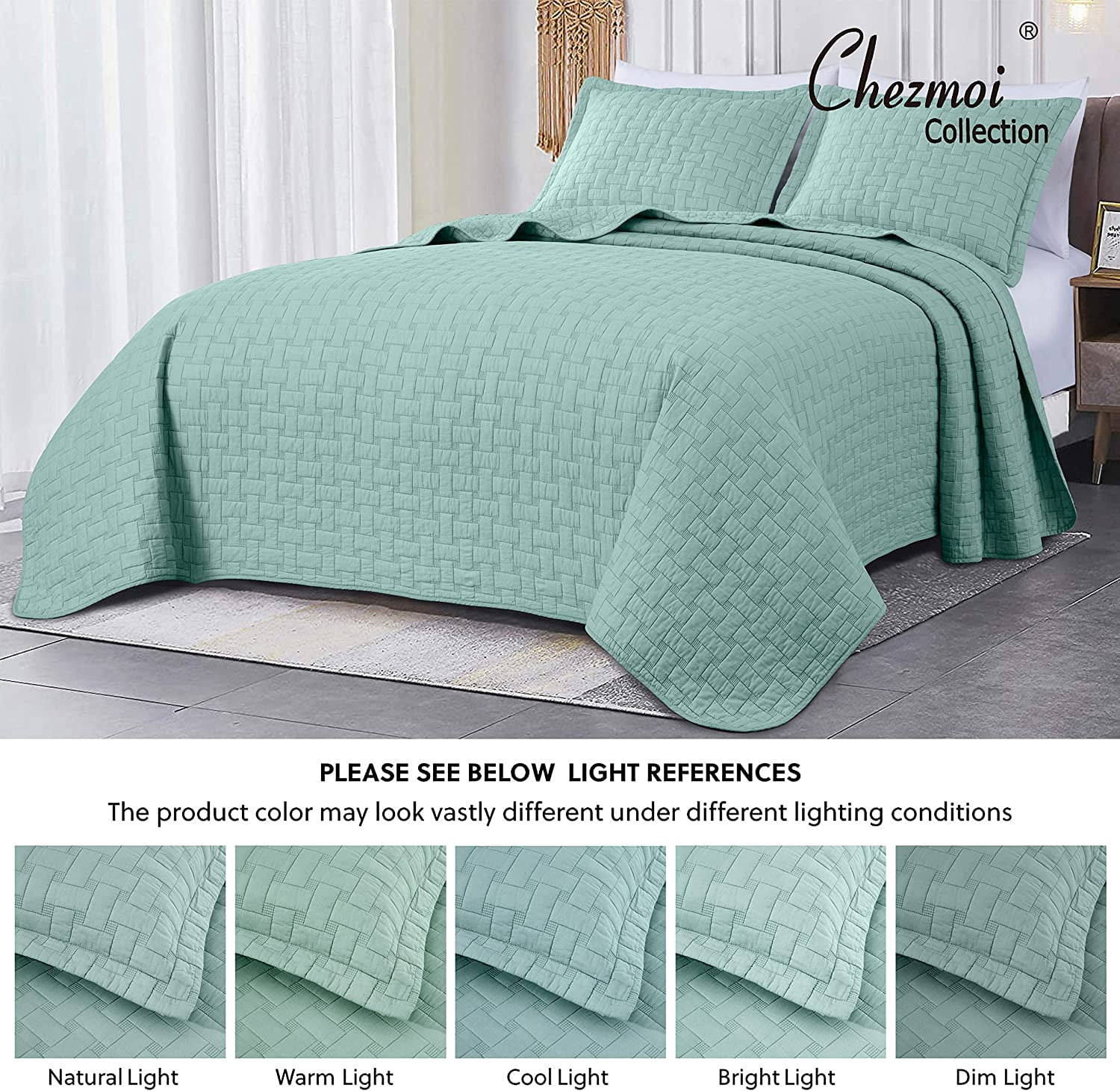 Chezmoi Collection Vert 3-Piece 100% Cotton Quilt Set Queen Size, Aqua, Modern Basketweave Stitched Quilt Lightweight Washed Cotton Bedspread for All Season