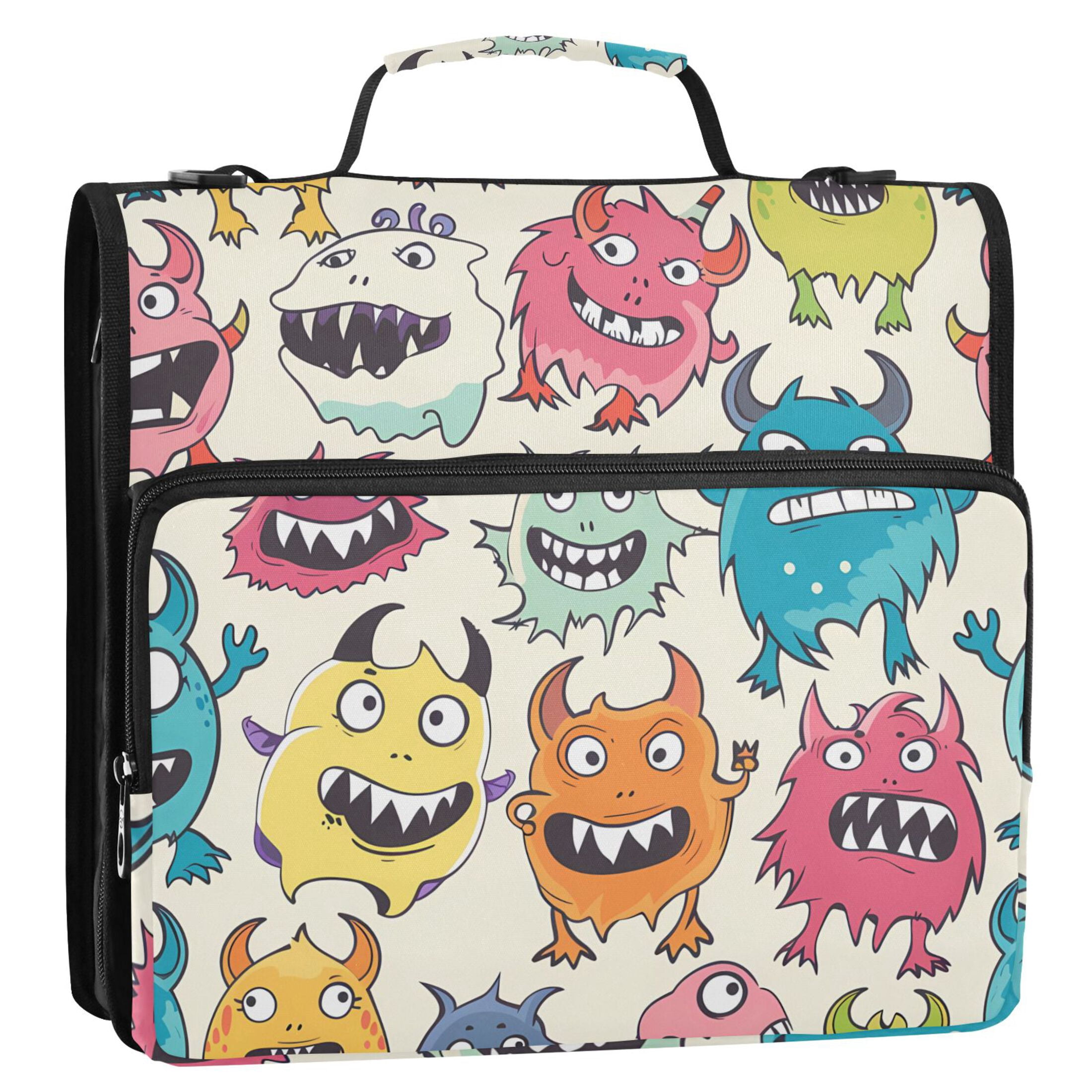 3 Ring Zipper Binder with Shoulder Strap Waterproof Trapper Keeper 2 Inch D-Ring 500 Sheets Capacity Cartoon Lovely Monsters