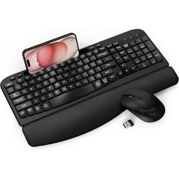 Wireless Keyboard and Mouse Combo, Wave Keys Computer Ergonomic Keyboard with Cushioned Palm Rest, Phone Holder(Black)