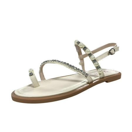 

Fashion Spring And Summer Women Sandals Solid Color Pearl Rhinestone Set Toe Roman Style