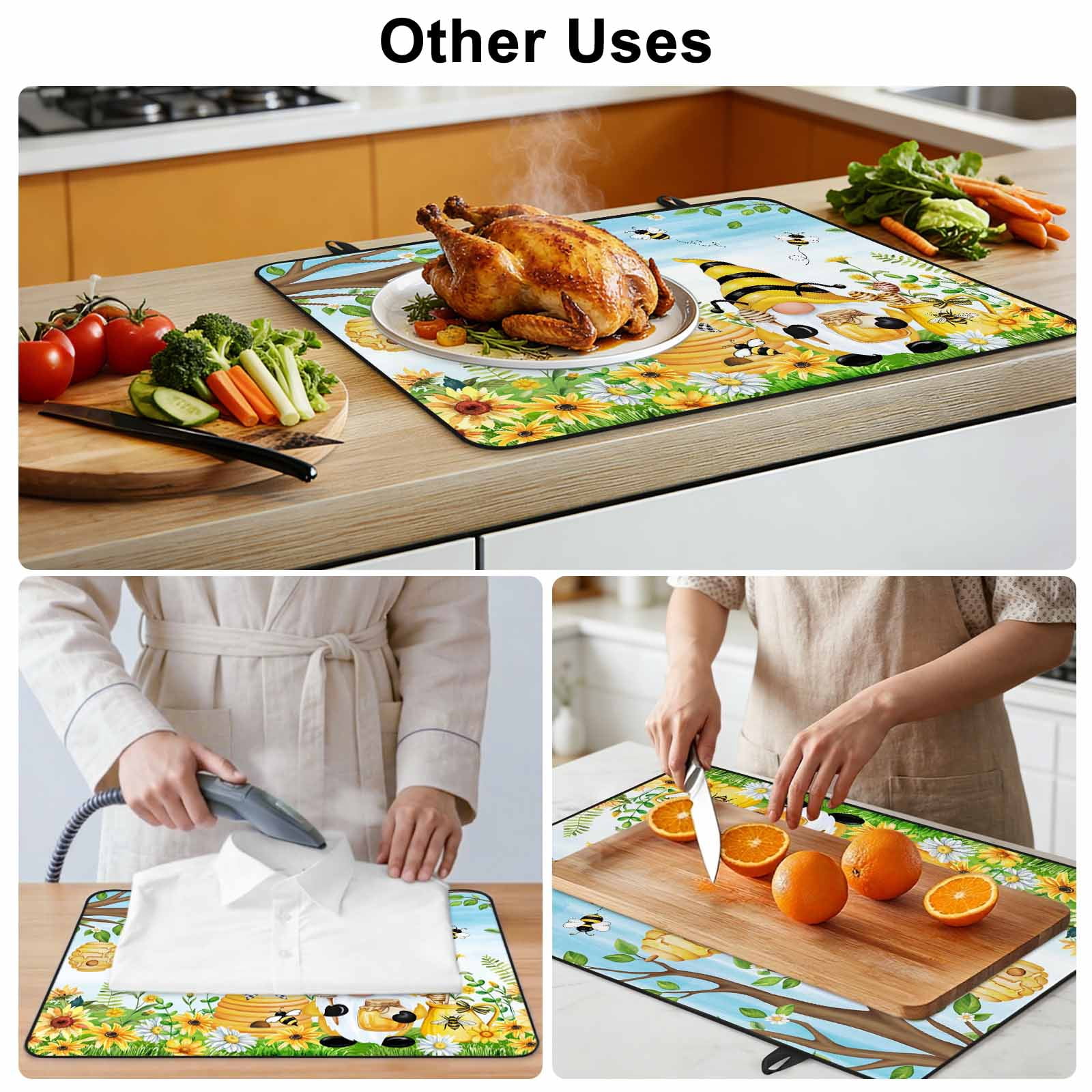 Yellow Daisy Gnomes Stove Top Cover for Electric Stove, Heat-proof & Non Slip Glass Top Stove Cover Protector, Pastoral Bees Floral Botanical Blue Kitchen Flat Cooktop Rubber Mat 24x21 Inches