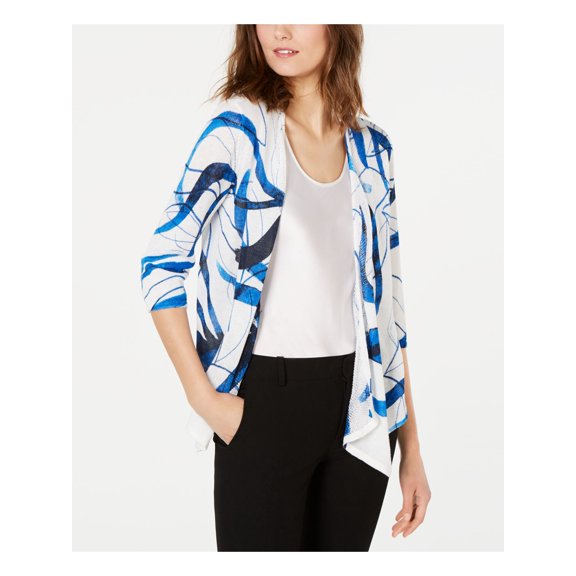 ALFANI Womens White Printed 3/4 Sleeve Open Cardigan Top Size: S