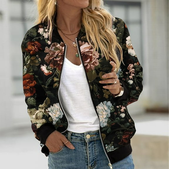 Qetyuw Womens Floral Print Bomber Jacket Full Zip Up Long Sleeve Jackets Vintage Casual Loose Fit Coat Outwear