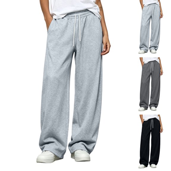 YanHoo Fall Sweatpants Women Elastic Waisted Wide Leg Sweat Pants Drawstring Baggy Straight Trousers with Pockets