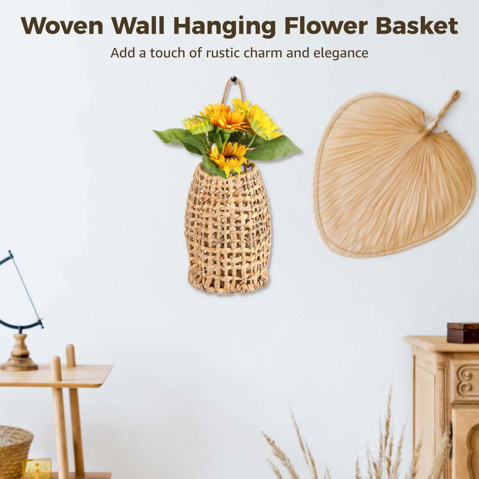 Handcrafted Woven Hanging Flower Basket – Rustic Farmhouse Door Hanging Storage Basket, Natural Water Hyacinth, for Flowers, Vegetables or Home Decor