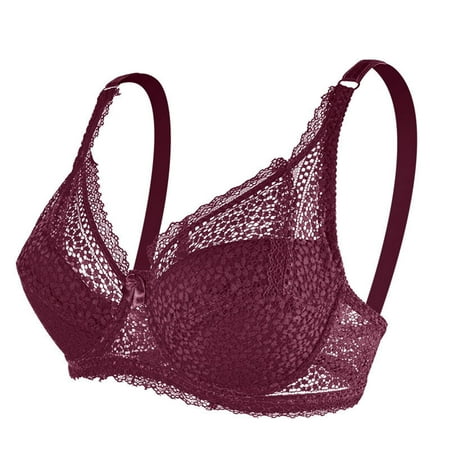 QLEICOM Everyday Bras for Women  Women s Comfort Lift Wirefree Bra Solid Lace Lingerie Bras Plus Size Bras Underwear Bralette Bras Comfortable Brass No Underwire Wine Cup 90CD