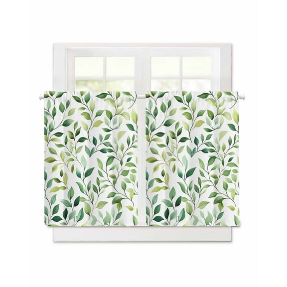 Green Eucalyptus Leaf Short Blackout Curtains 45 Inch Long Watercolor Plant Farmhouse Rod Pocket Kitchen Curtains, 2 Panels Thermal Insulated Room Darkening Drapes for Bedroom, 30"W x 45"L