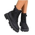 thumbnail image 3 of Black Round Toe Mid Calf Boots Women Mid Heel Platform Casual Boots Synthetic Leather Upper Cushioned, 3 of 9