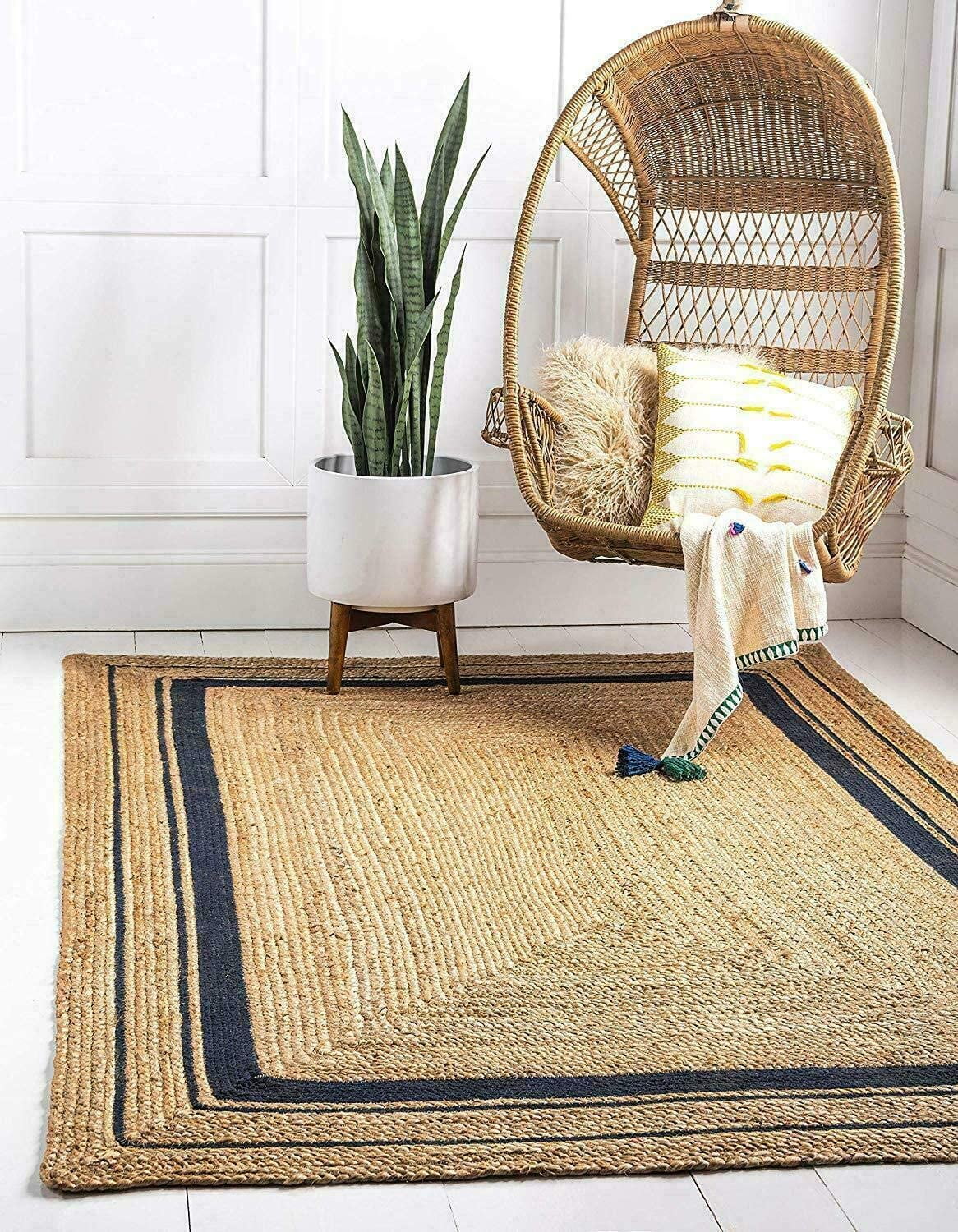 Agro Richer Black Border Beige Color Natural Jute Square Area Rugs for Living, Carpet for Kitchen outdoor & Indoor Rugs (2x2" Feet)