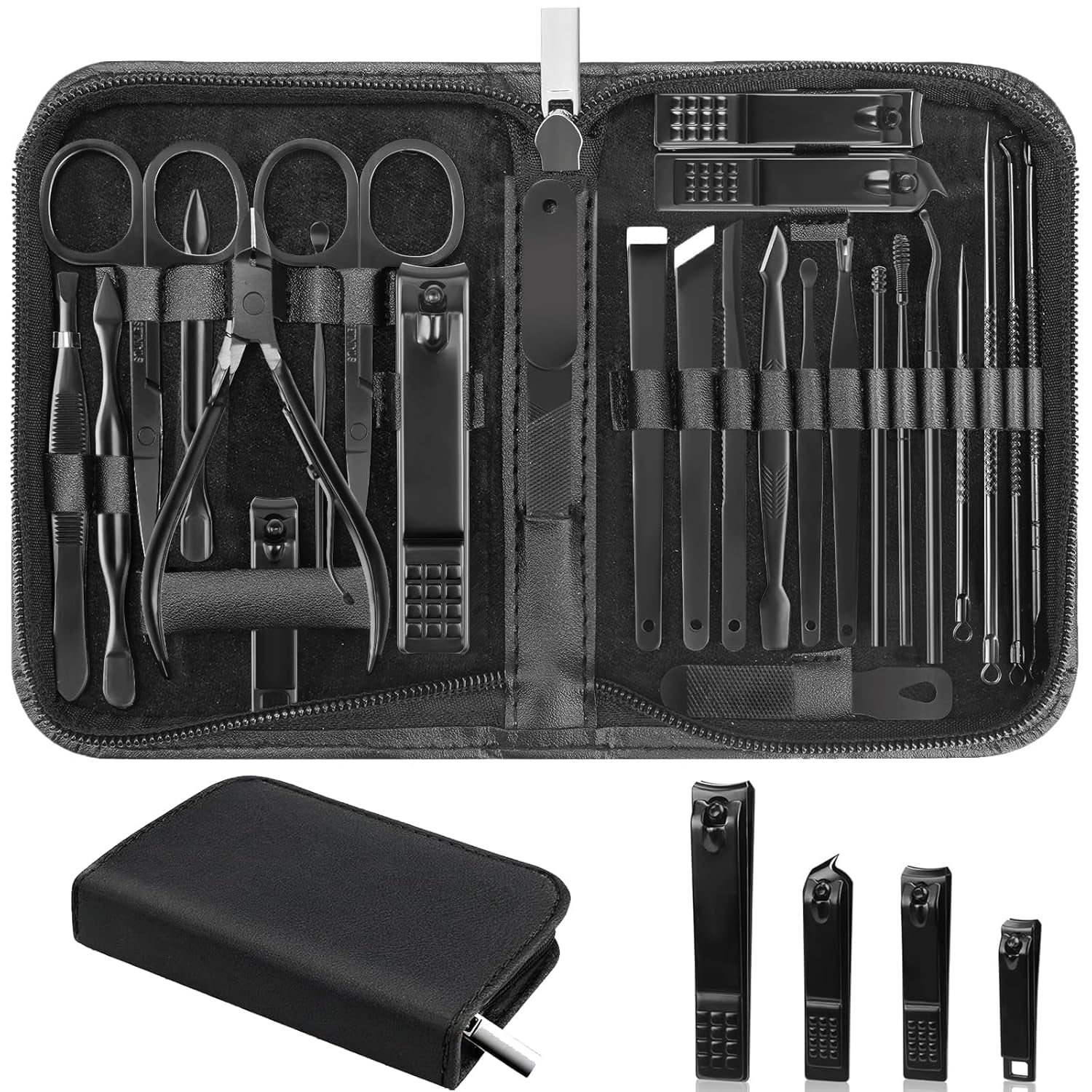 Rongsi Nail Clippers Set, 26 Piece Manicure Set & Pedicure Kit, Stainless Steel Fingernail & Toenail Clipper Cutters, Professional Nail Care Tools with Luxurious Travel Case for Men and Women, Black