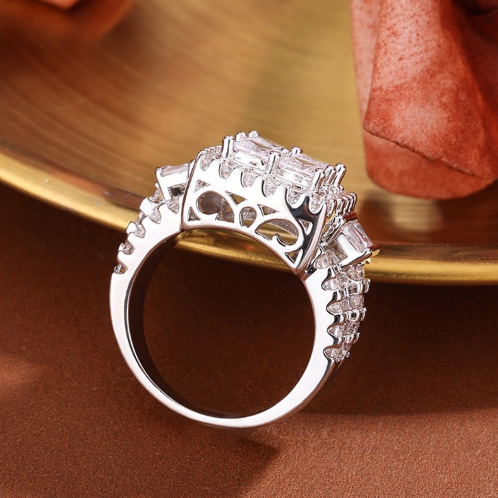 SFTING Rings for Women 18K Gold Plated Princess Cut Engagement Rings for Women 5A CZ Cross Size 6