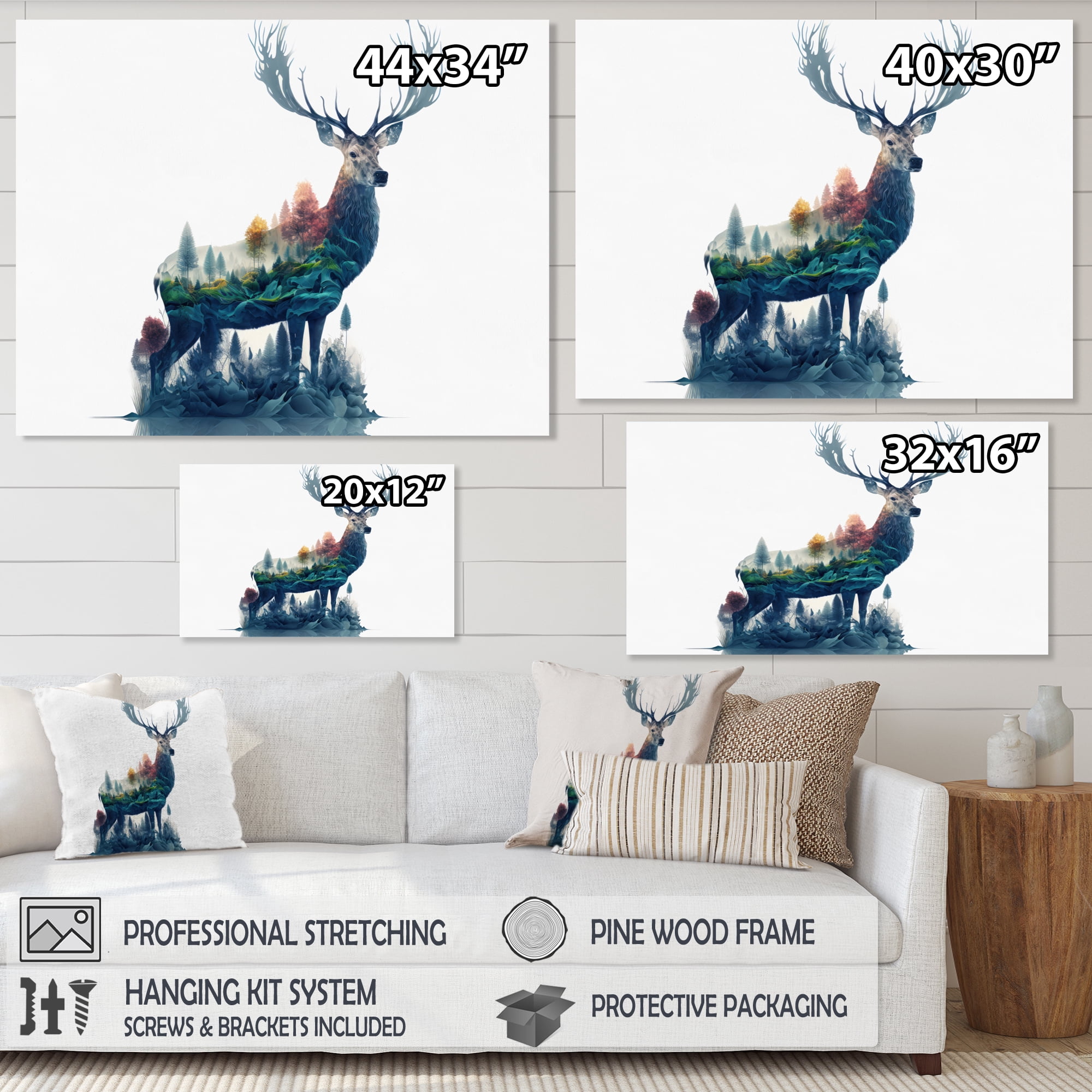 Designart Double Exposure Of A Deer With Forest Canvas Wall Art