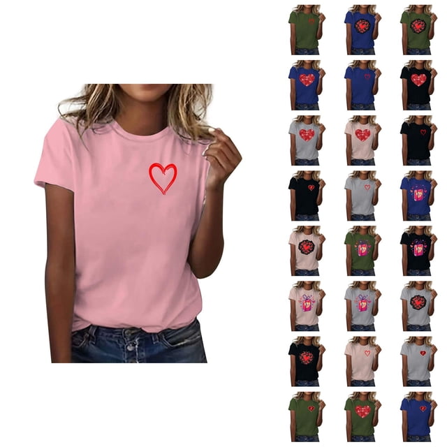 T-shirts de la Saint-Valentin pour Femmes 2026 Mode Manches Courtes Col Rond Cœur Graphique