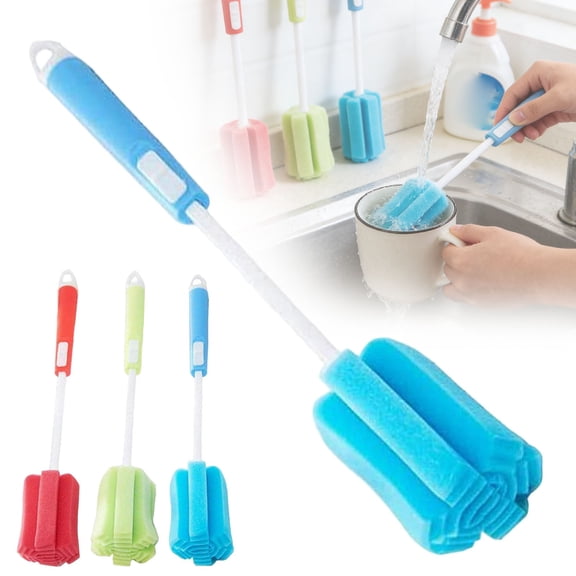 Foam Sponge Bottle Cleaning Brush Set, 3 Pack Adjustable Long Handle Bottle Brush for Baby Bottles, Cups, Glasses and Water Bottles, Soft Scratch-Free Sponge (Random Color)