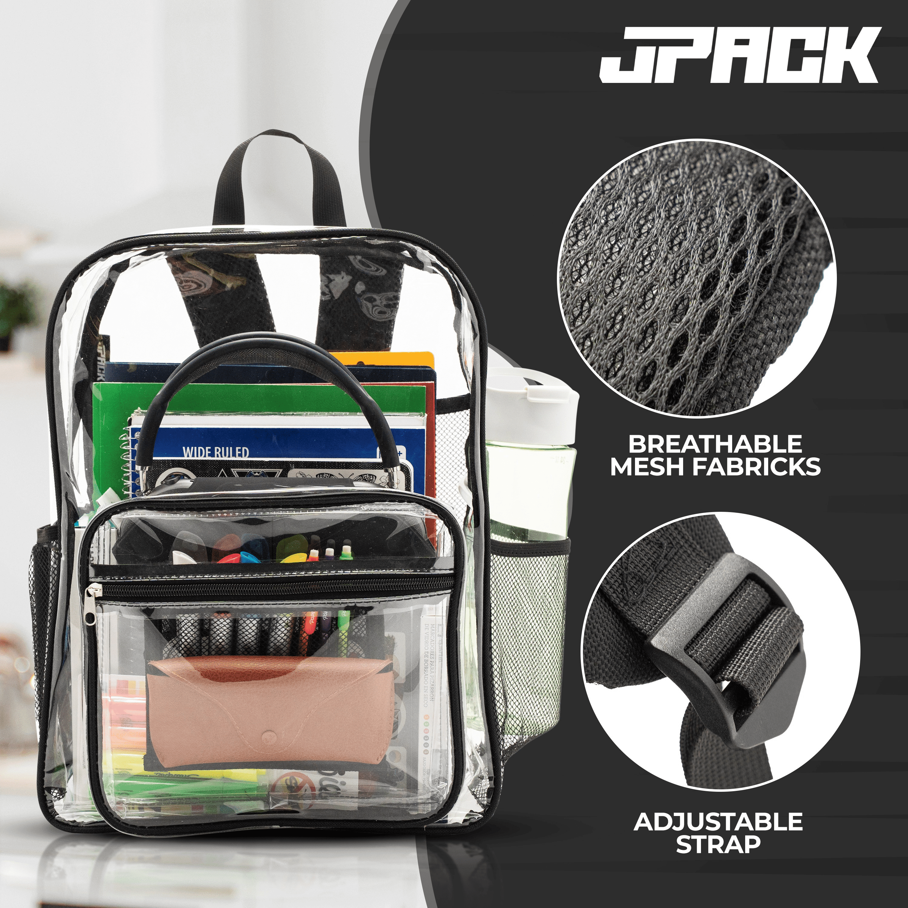 JPACK Clear Backpack – Heavy Duty Transparent Bookbag for Adults and Teens | School, Work, Travel, Stadiums (Black)