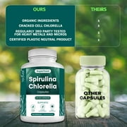 Organic Spirulina and Chlorella Capsules Organic Chlorophyll & Blue Green Algae to Support Powerful Detox, Energy & A Healthy Immune System, 3X More Chlorella Spirulina Powder / Serving 90 Capsules