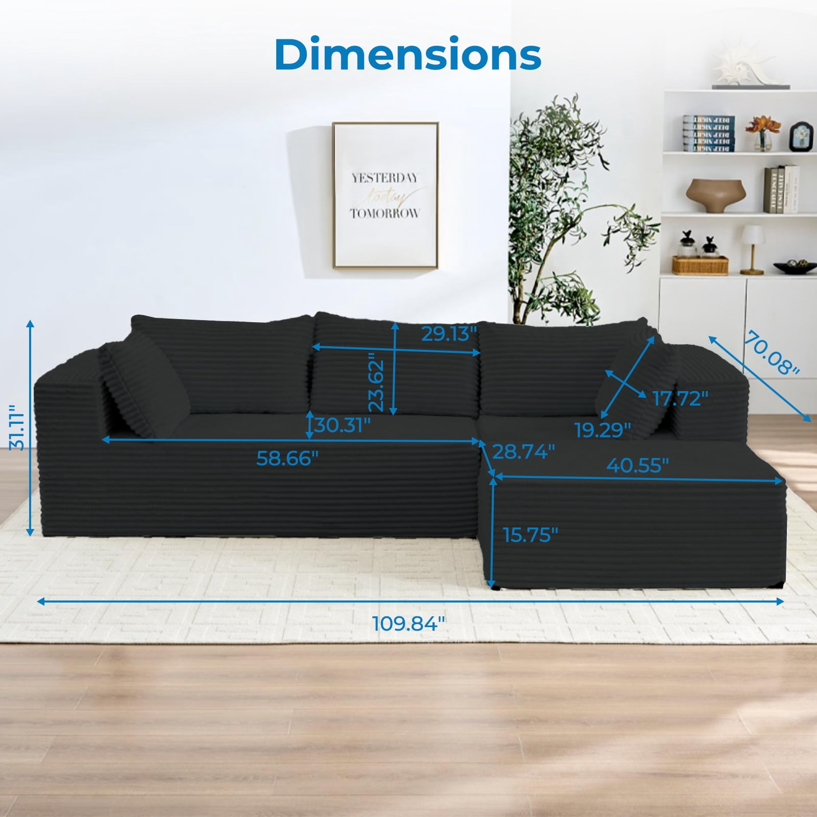 ZAFLY 110" Cloud Sectional Sofa, Modular Corduroy Deep Seat Couch, L Shaped Couches for Living Room - Black